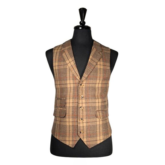 Mens Plaid Wool Vest 42R Tan Orange Waistcoat Wedding Prom Party Formal Casual - Picture 1 of 10
